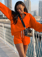 Women's Stand Collar Zipper Pullover Long Sleeve Sweatshirt Shorts Set - 808Lush