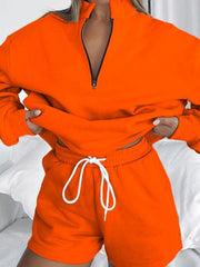 Women's Stand Collar Zipper Pullover Long Sleeve Sweatshirt Shorts Set - 808Lush