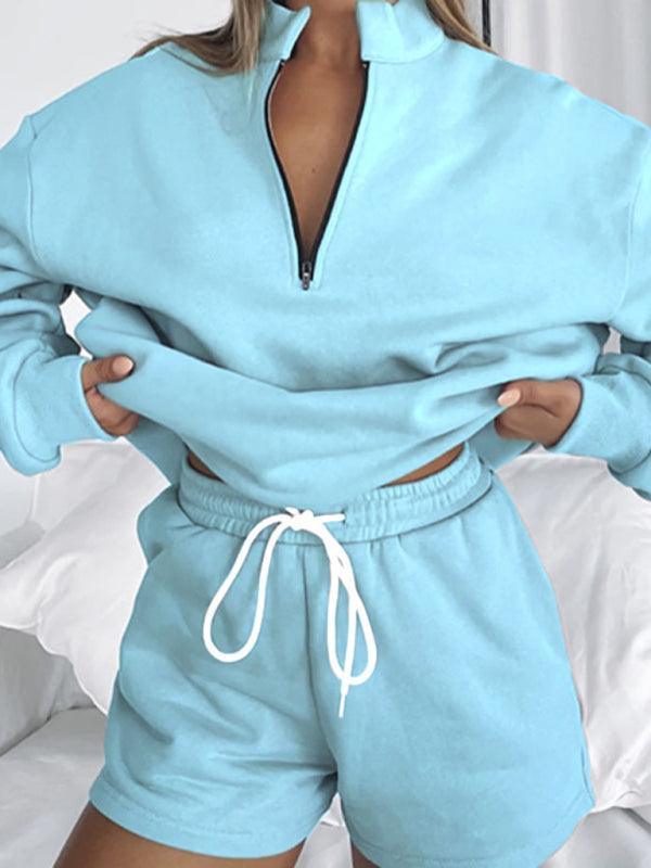 Women's Stand Collar Zipper Pullover Long Sleeve Sweatshirt Shorts Set - 808Lush