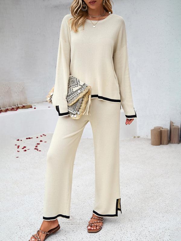 Women's casual solid color knitted long-sleeved two-piece set - 808Lush