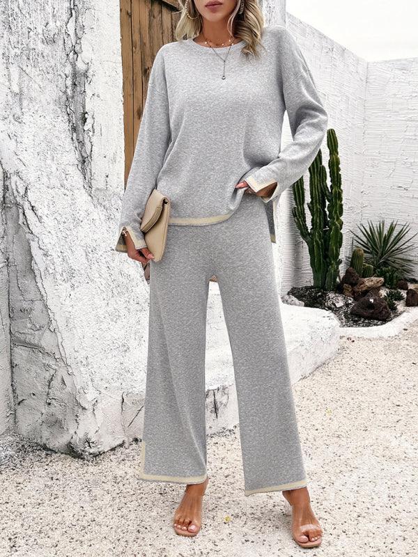 Women's casual solid color knitted long-sleeved two-piece set - 808Lush
