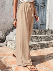 Elastic waist puff plaid casual wide leg pants - 808Lush