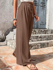 Elastic waist puff plaid casual wide leg pants - 808Lush