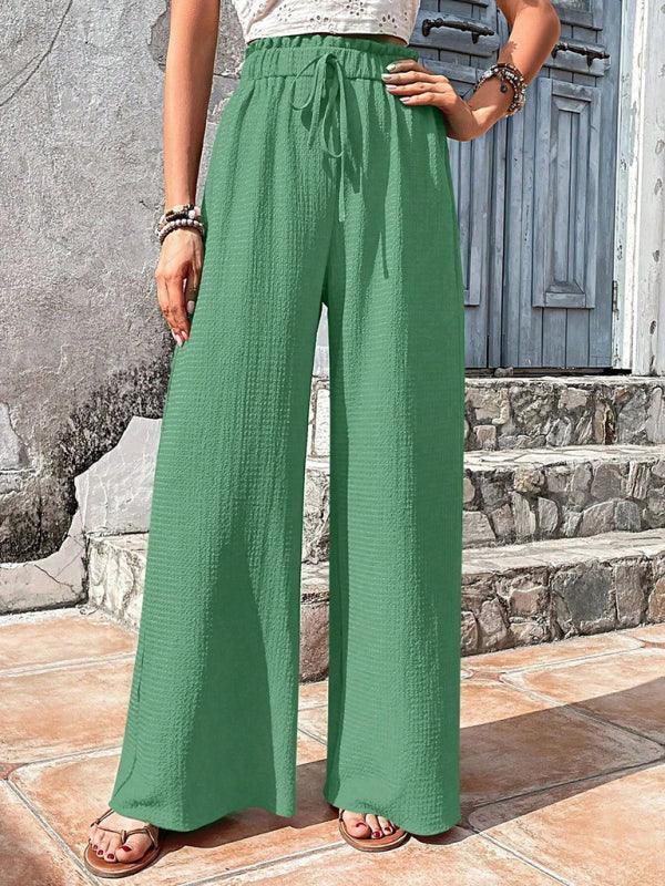 Elastic waist puff plaid casual wide leg pants - 808Lush