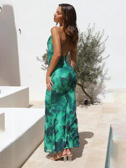 elegant printed backless square collar dress