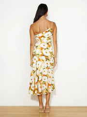 slant neck suspender fishtail print dress