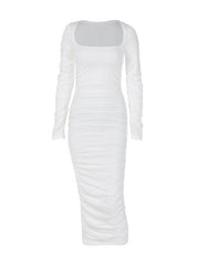 long sleeve slim pleated dress
