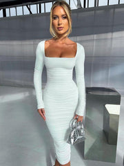 long sleeve slim pleated dress