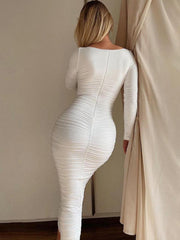 long sleeve slim pleated dress