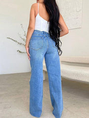 Women's long high waist ripped raw edge comfortable wide leg jeans - 808Lush