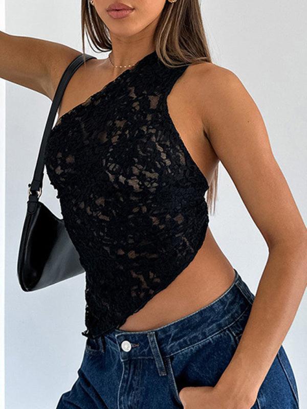 lace slope neck cardigan loose splicing backless lace-up top - 808Lush