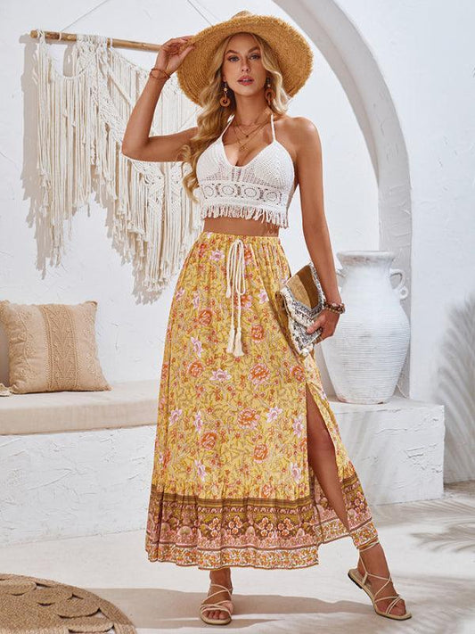 casual bohemian printed waist drawstring skirt - 808Lush
