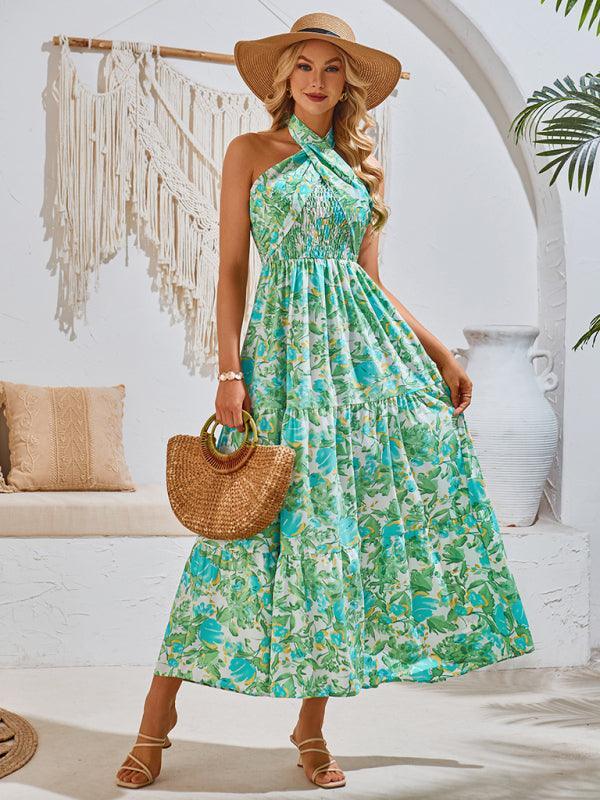 casual resort style printed halter neck dress - 808Lush