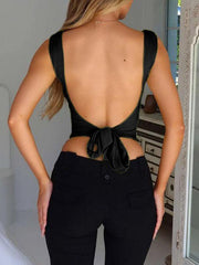 women's suspender cross large V-neck backless lace-up fashionable top - 808Lush