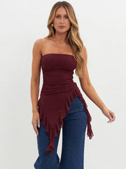 mesh one-line collar strapless backless pleated ruffle top - 808Lush
