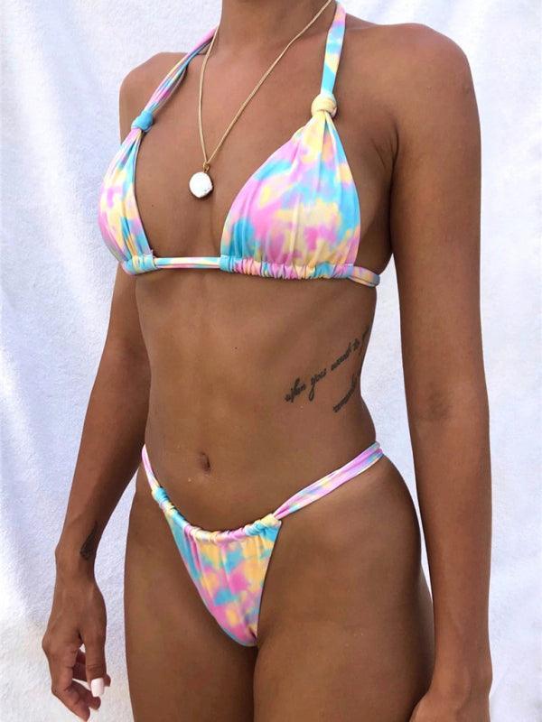 printed halterneck string buttoned bikini - 808Lush