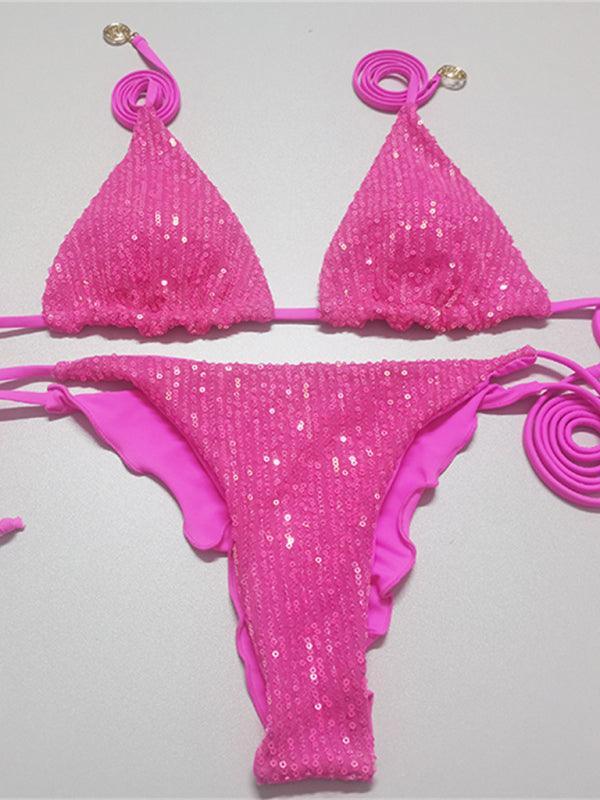 sequined bikini triangle strap multi-color swimsuit - 808Lush