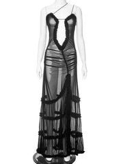 suspender hollow pleated lace slit dress - 808Lush