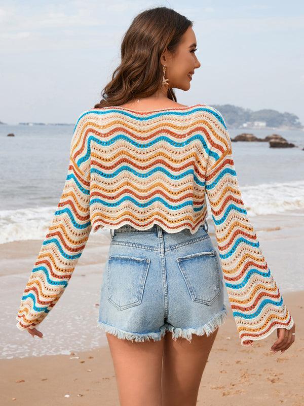 patchwork round neck striped bikini beach cover-up - 808Lush