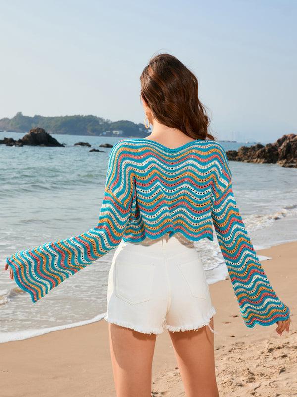 patchwork round neck striped bikini beach cover-up - 808Lush