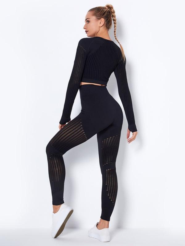 Seamless tight striped long-sleeved pants quick-drying yoga wear sportswear set - 808Lush