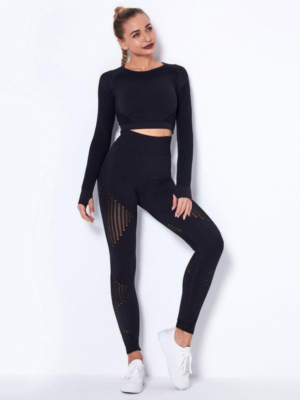 Seamless tight striped long-sleeved pants quick-drying yoga wear sportswear set - 808Lush