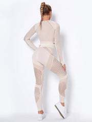Seamless tight striped long-sleeved pants quick-drying yoga wear sportswear set - 808Lush