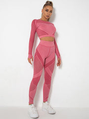 Seamless tight striped long-sleeved pants quick-drying yoga wear sportswear set - 808Lush