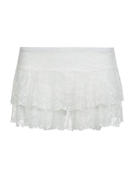 Women's solid color high waist stretch double layer lace cake skirt dance mini skirt pants - 808Lush