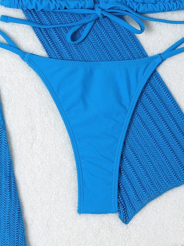 mesh hollow drawstring swimsuit bikini three-piece set - 808Lush