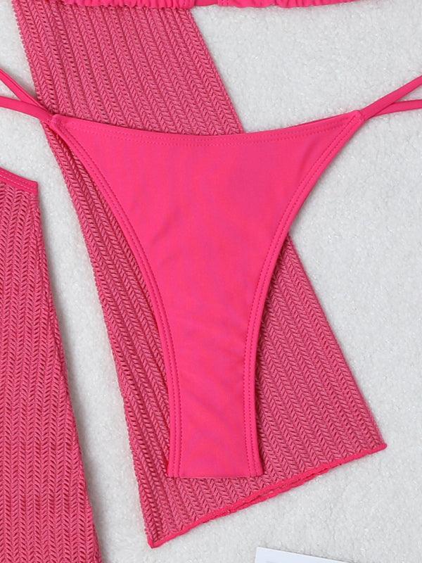 mesh hollow drawstring swimsuit bikini three-piece set - 808Lush