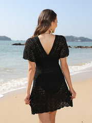 deep V-neck beach skirt corrugated hollow beach skirt elastic waist beach cover-up - 808Lush
