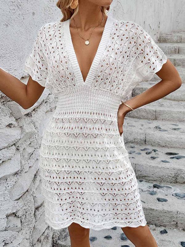 deep V-neck beach skirt corrugated hollow beach skirt elastic waist beach cover-up - 808Lush
