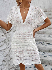 deep V-neck beach skirt corrugated hollow beach skirt elastic waist beach cover-up - 808Lush