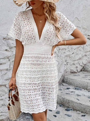 deep V-neck beach skirt corrugated hollow beach skirt elastic waist beach cover-up - 808Lush