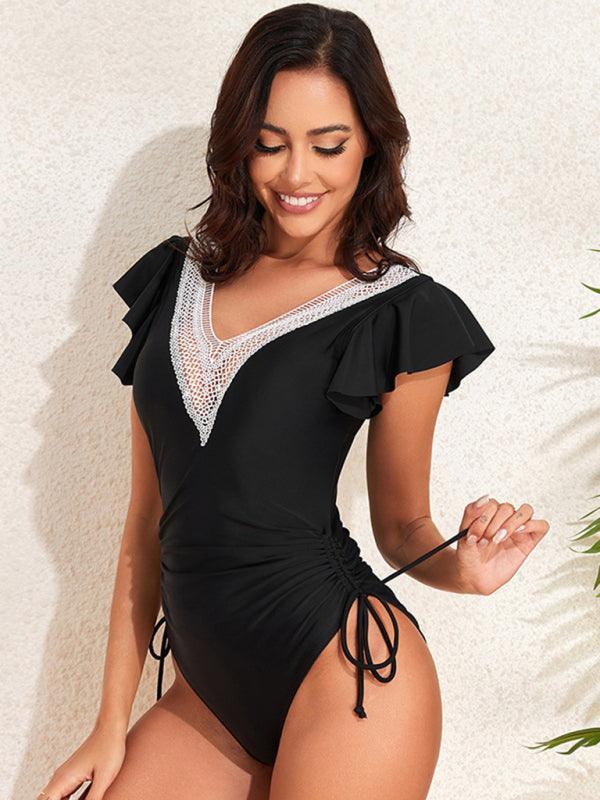V-neck sexy flying sleeve one-piece swimsuit - 808Lush
