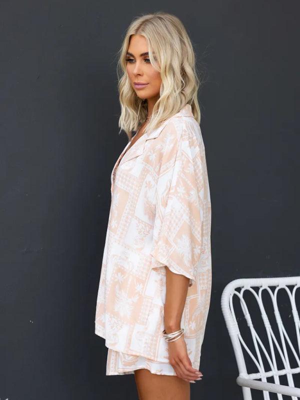 Casual Loose Vacation Elastic Waist Short Sleeve Suit - 808Lush