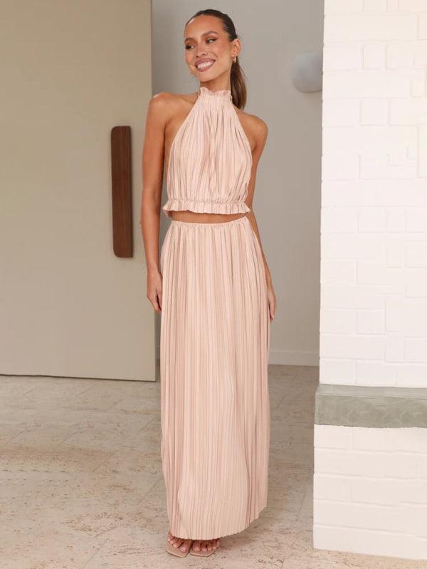 Women's fashion hot girl halter neck backless sexy strappy pleated long skirt suit - 808Lush