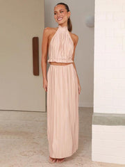 Women's fashion hot girl halter neck backless sexy strappy pleated long skirt suit - 808Lush