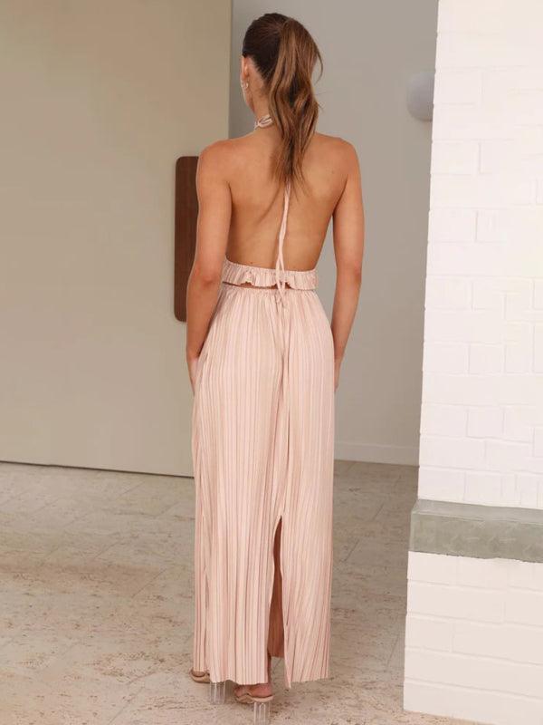 Women's fashion hot girl halter neck backless sexy strappy pleated long skirt suit - 808Lush