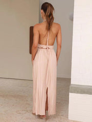 Women's fashion hot girl halter neck backless sexy strappy pleated long skirt suit - 808Lush