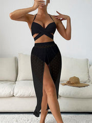 Solid color bikini sexy mesh skirt three-piece set - 808Lush
