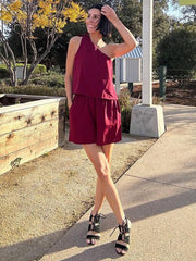 sloping collar one-shoulder top wide-leg elastic waist trousers two-piece set - 808Lush