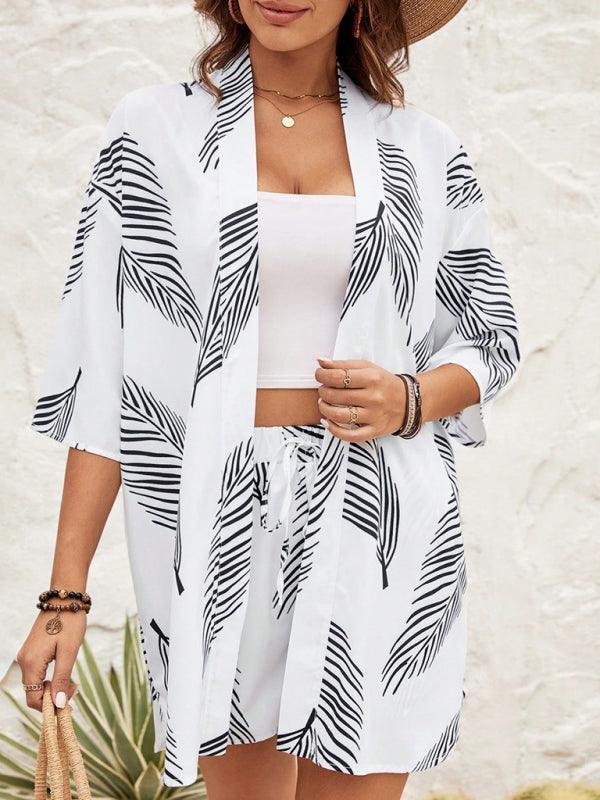 Fashionable printed casual resort style cardigan shorts suit - 808Lush