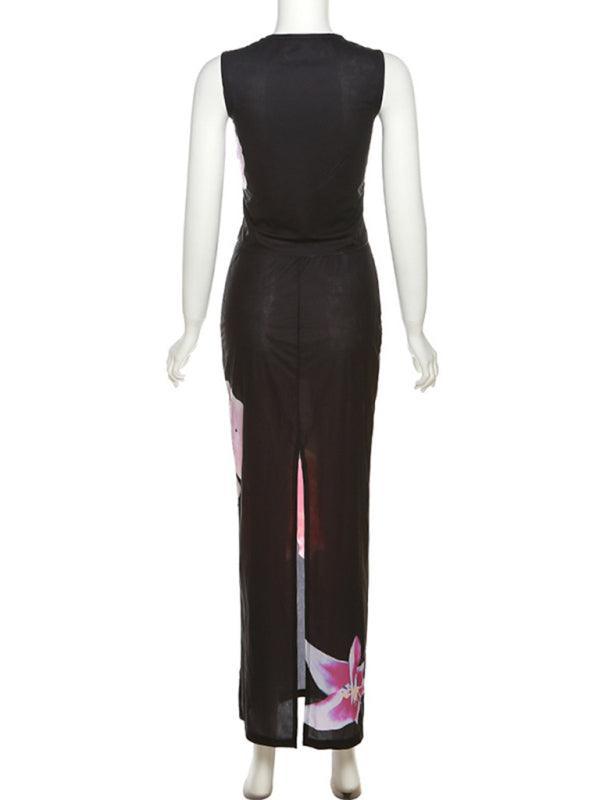 sleeveless printed T-shirt slim fit hip-hugging slit skirt suit - 808Lush