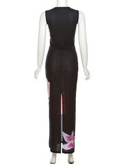sleeveless printed T-shirt slim fit hip-hugging slit skirt suit - 808Lush
