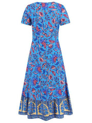 Sexy short-sleeved V-neck dress, bohemian beach retro floral skirt - 808Lush