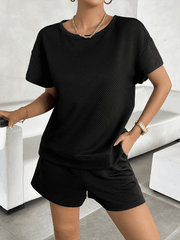 knitted crew neck top and shorts casual two-piece set - 808Lush