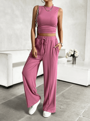 casual round neck sleeveless top and trousers two-piece set