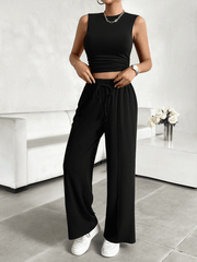 casual round neck sleeveless top and trousers two-piece set